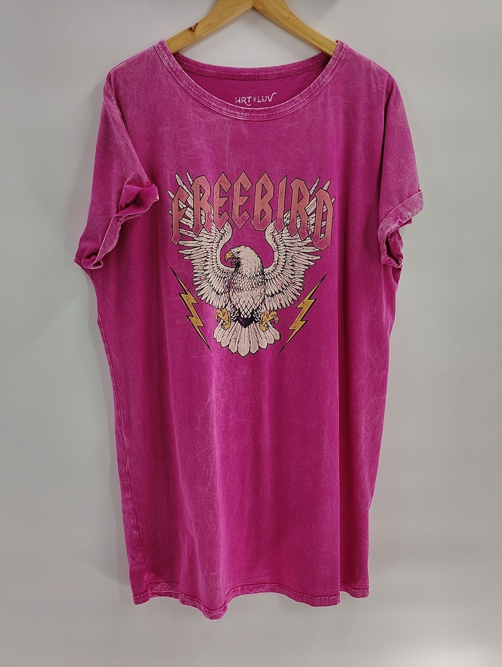 HRT & LUV T-Shirt Dress Size Large Pink Mineral Wash Freebird Graphic